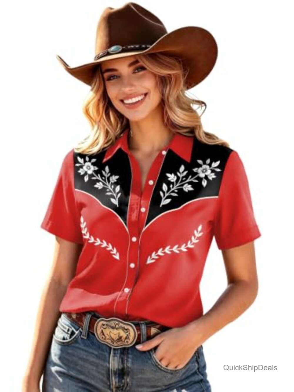 Western Cowgirl Button Down Shirt Short Sleeve V-Neck Floral Scroll Rodeo